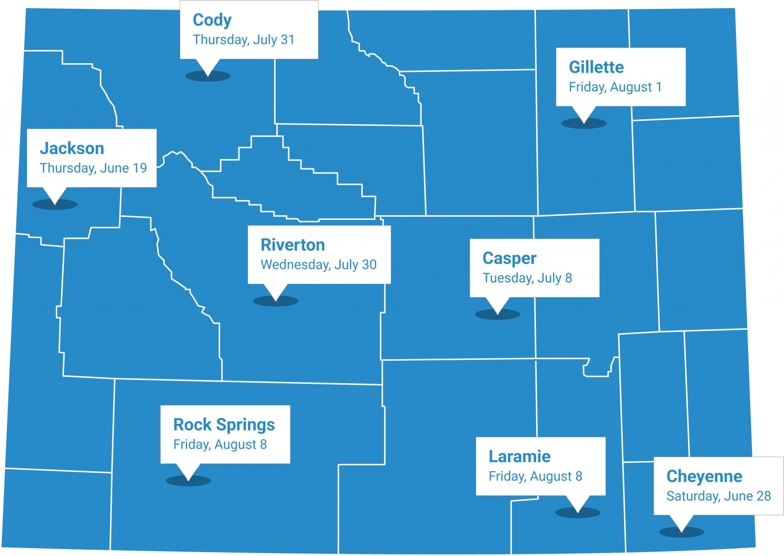 Wyoming map of locations and dates