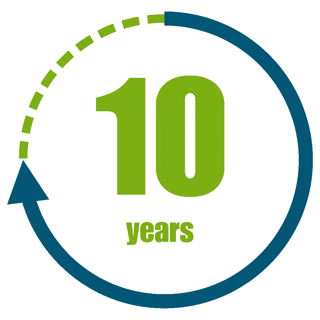 10 years with rotating arrow graphic