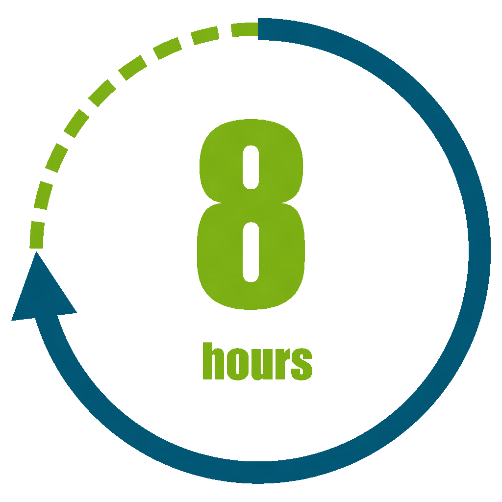 8 hours with rotating arrow graphic